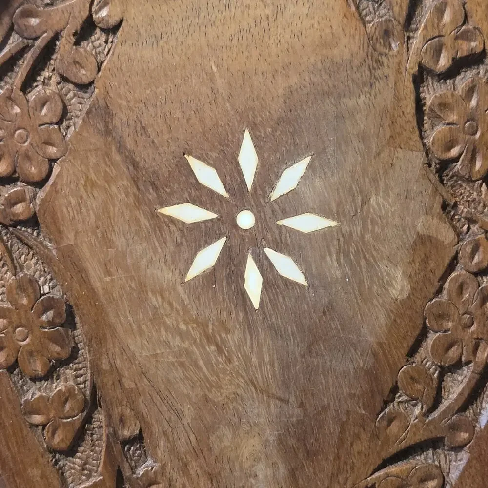 Hand Carved Wooden Bowl Tray 6 Sides Floral Leaf White Inlay Open Work Border